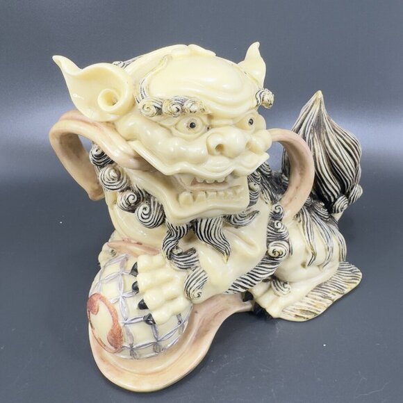 Vintage Chinese Guardian Lion Sculpture Signed Foo Dog Fu Foo Dog Playing Ball - Picture 13 of 16